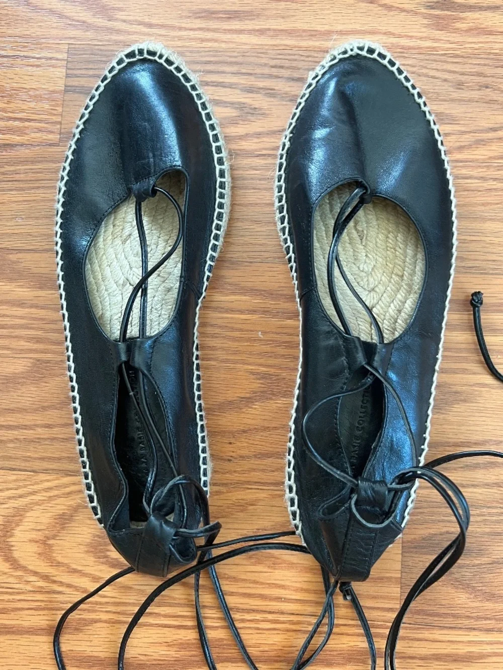 Zara Basic Black Leather Espadrille Ankle Tie Wrap Sandal 39 or 8.5